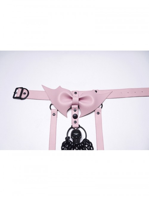 Black Skull Drooping Chains Pink Bat Bow Straps Rebellious Punk Chest Chain