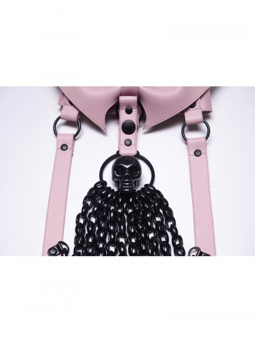 Black Skull Drooping Chains Pink Bat Bow Straps Rebellious Punk Chest Chain