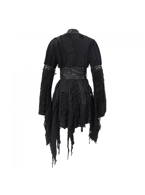 Rags Faded Long Sleeve Lace-Up Asymmetric Mesh Hem Black Punk Kimonos Dress