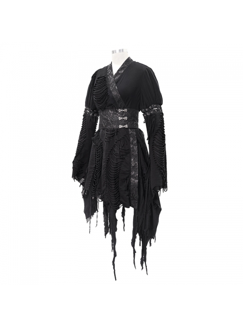 Rags Faded Long Sleeve Lace-Up Asymmetric Mesh Hem Black Punk Kimonos Dress