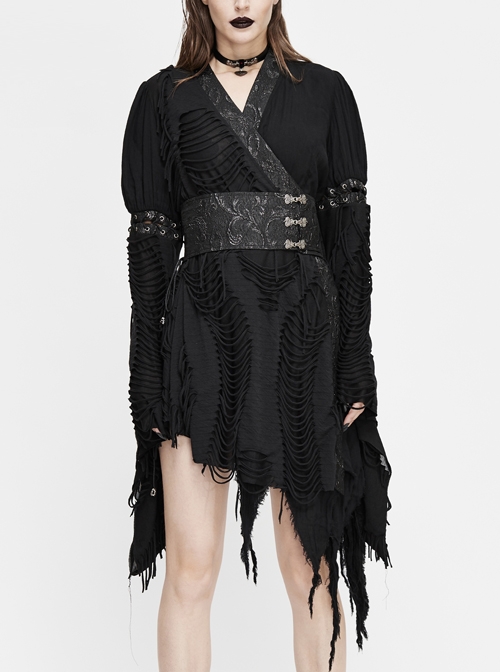 Rags Faded Long Sleeve Lace-Up Asymmetric Mesh Hem Black Punk Kimonos Dress