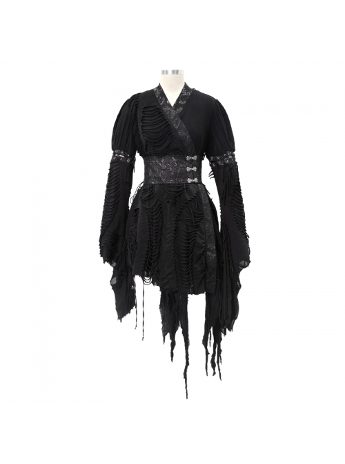 Rags Faded Long Sleeve Lace-Up Asymmetric Mesh Hem Black Punk Kimonos Dress