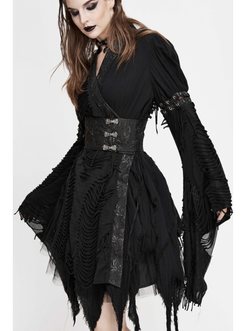 Rags Faded Long Sleeve Lace-Up Asymmetric Mesh Hem Black Punk Kimonos Dress