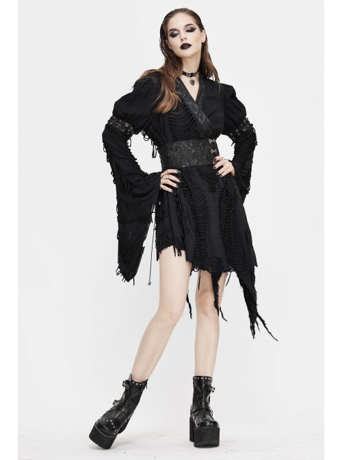 Rags Faded Long Sleeve Lace-Up Asymmetric Mesh Hem Black Punk Kimonos Dress