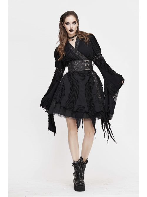 Rags Faded Long Sleeve Lace-Up Asymmetric Mesh Hem Black Punk Kimonos Dress