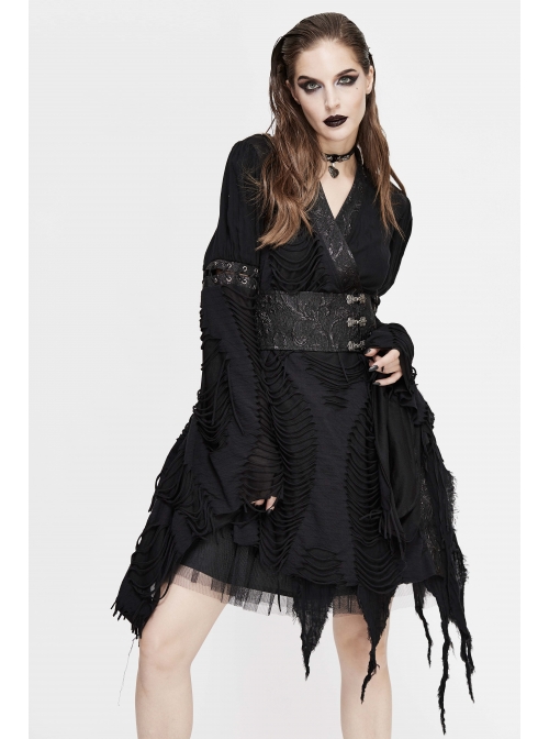 Rags Faded Long Sleeve Lace-Up Asymmetric Mesh Hem Black Punk Kimonos Dress