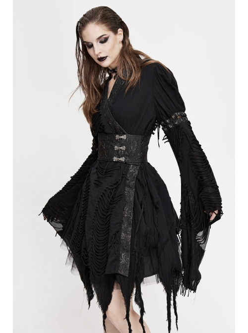 Rags Faded Long Sleeve Lace-Up Asymmetric Mesh Hem Black Punk Kimonos Dress
