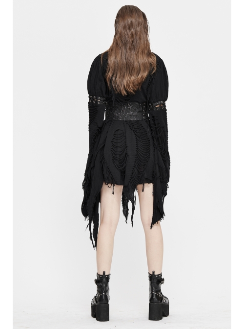 Rags Faded Long Sleeve Lace-Up Asymmetric Mesh Hem Black Punk Kimonos Dress
