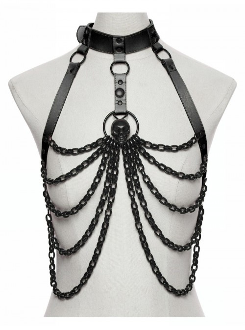 Black Bat Bow Straps Skull Drooping Chains Rebellious Punk Chest Chain