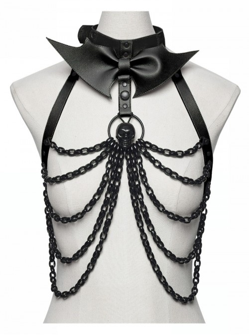 Black Bat Bow Straps Skull Drooping Chains Rebellious Punk Chest Chain