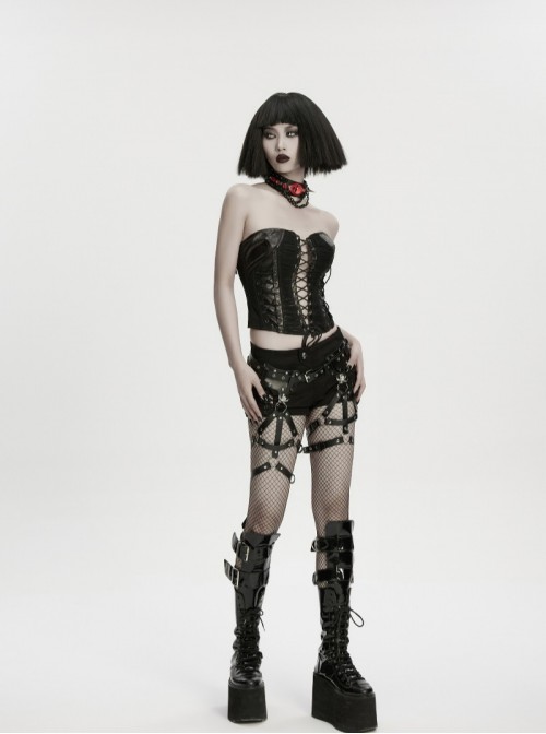 Black Versatile Style Artificial Leather Metal Rebellion Skulls Rivets Punk Leg Harness