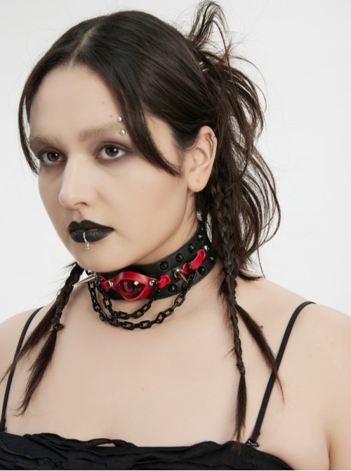 Black Red Demon's Eye Spikes Rivets Chain Punk Choker