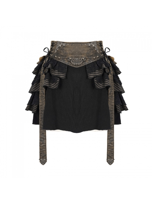 Brown Striped Leather Belt Lace-Up Asymmetric Lace Hem Black Punk Skirt