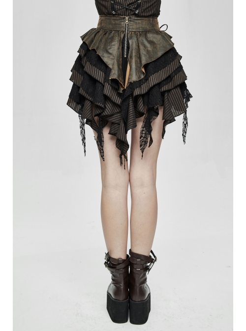 Brown Striped Leather Belt Lace-Up Asymmetric Lace Hem Black Punk Skirt