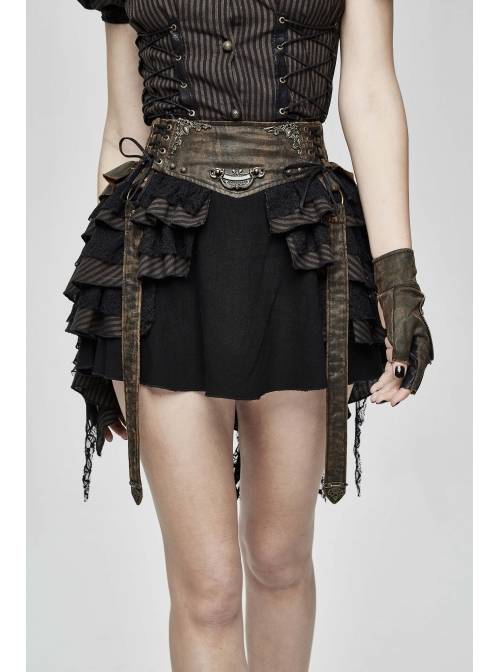 Brown Striped Leather Belt Lace-Up Asymmetric Lace Hem Black Punk Skirt