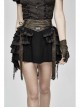 Brown Striped Leather Belt Lace-Up Asymmetric Lace Hem Black Punk Skirt