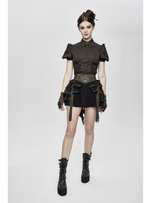 Brown Striped Leather Belt Lace-Up Asymmetric Lace Hem Black Punk Skirt
