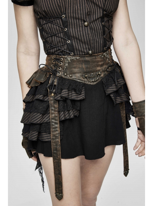 Brown Striped Leather Belt Lace-Up Asymmetric Lace Hem Black Punk Skirt