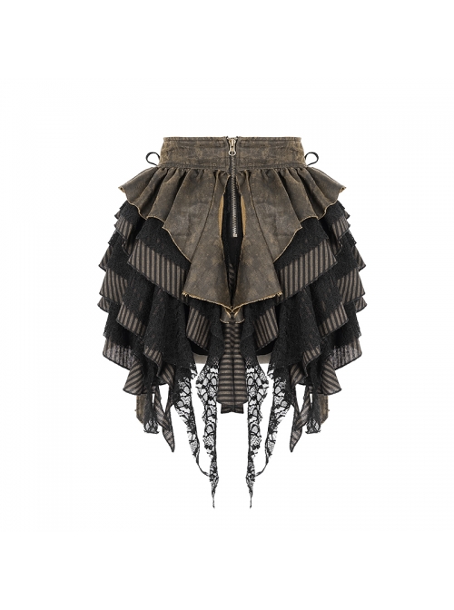 Brown Striped Leather Belt Lace-Up Asymmetric Lace Hem Black Punk Skirt
