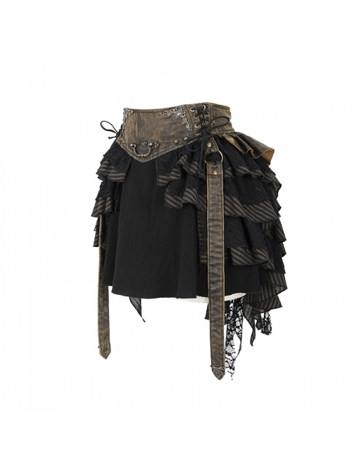 Brown Striped Leather Belt Lace-Up Asymmetric Lace Hem Black Punk Skirt
