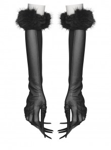 Black Mesh Elegance Detachable Fluffy Cuffs Dark Demon Fingers Gothic Long Gloves