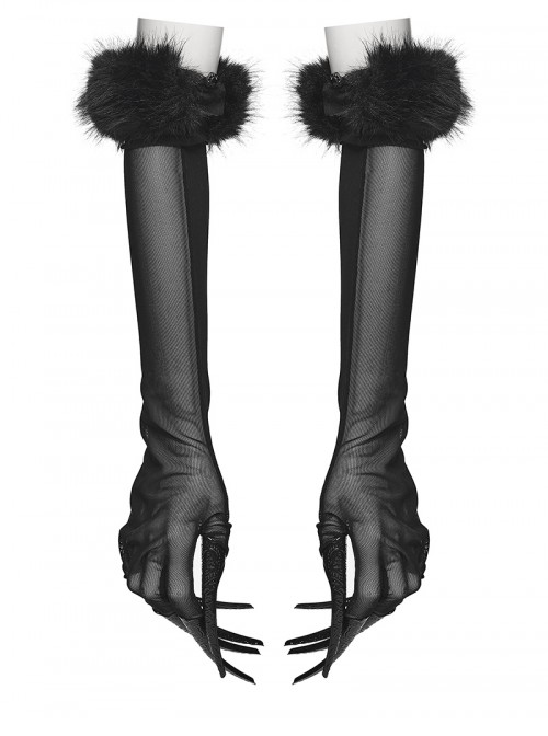 Black Mesh Elegance Detachable Fluffy Cuffs Dark Demon Fingers Gothic Long Gloves