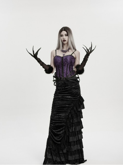 Black Mesh Elegance Detachable Fluffy Cuffs Dark Demon Fingers Gothic Long Gloves