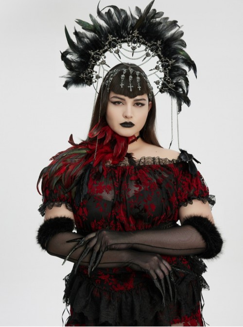 Black Mesh Elegance Detachable Fluffy Cuffs Dark Demon Fingers Gothic Long Gloves