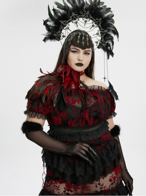 Black Mesh Elegance Detachable Fluffy Cuffs Dark Demon Fingers Gothic Long Gloves