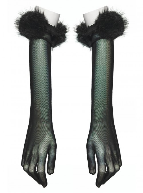 Black Mesh Elegance Detachable Fluffy Cuffs Dark Demon Fingers Gothic Long Gloves