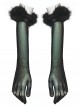 Black Mesh Elegance Detachable Fluffy Cuffs Dark Demon Fingers Gothic Long Gloves