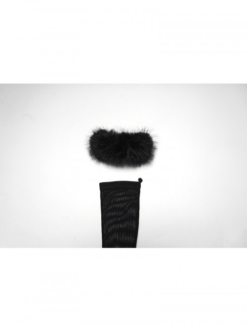 Black Mesh Elegance Detachable Fluffy Cuffs Dark Demon Fingers Gothic Long Gloves