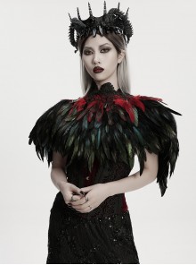 Black Delicate Lace Red Gorgeous Feather Nobility Gothic Reversible Shawl