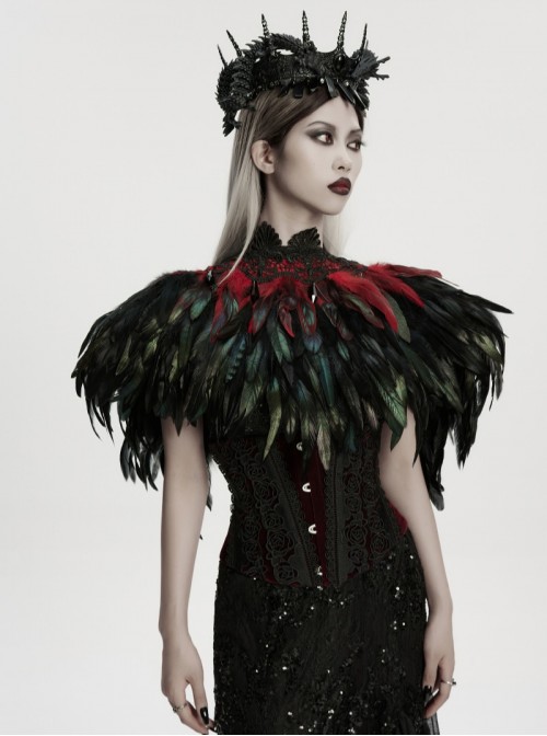 Black Delicate Lace Red Gorgeous Feather Nobility Gothic Reversible Shawl