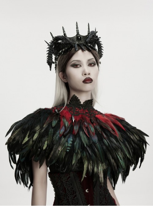 Black Delicate Lace Red Gorgeous Feather Nobility Gothic Reversible Shawl