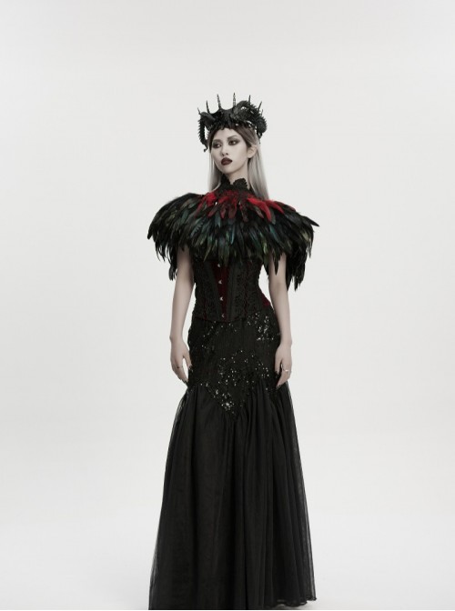 Black Delicate Lace Red Gorgeous Feather Nobility Gothic Reversible Shawl