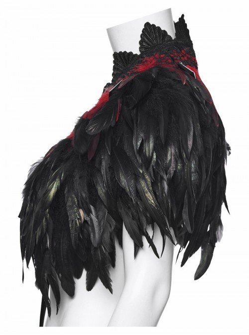 Black Delicate Lace Red Gorgeous Feather Nobility Gothic Reversible Shawl