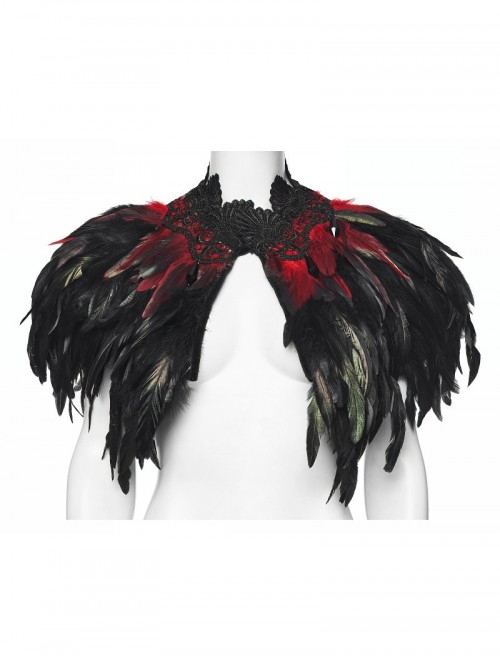 Black Delicate Lace Red Gorgeous Feather Nobility Gothic Reversible Shawl