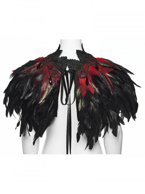 Black Delicate Lace Red Gorgeous Feather Nobility Gothic Reversible Shawl