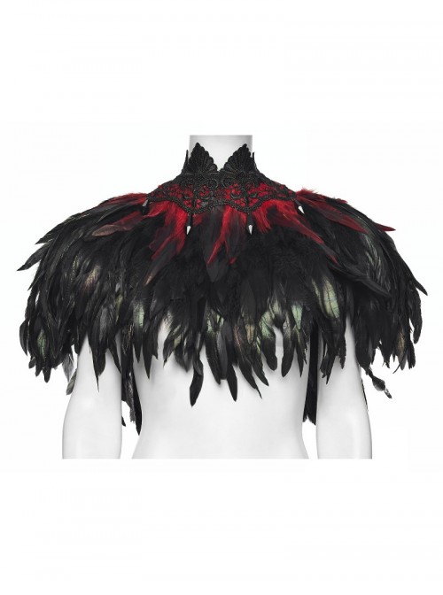 Black Delicate Lace Red Gorgeous Feather Nobility Gothic Reversible Shawl