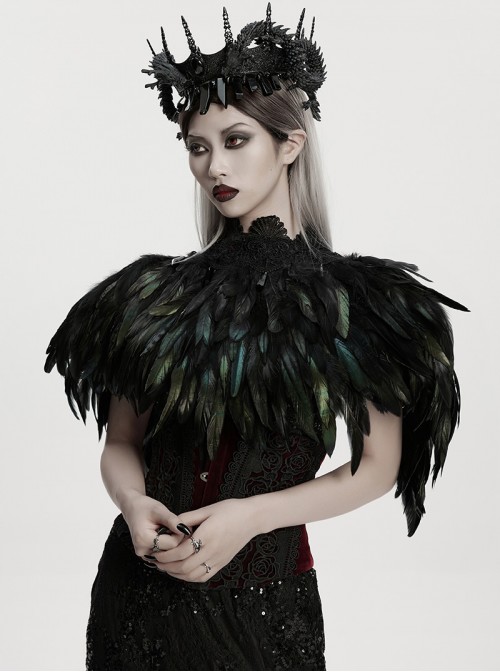 Black Lace Neck Gorgeous Feather Nobility Gothic Reversible Shawl