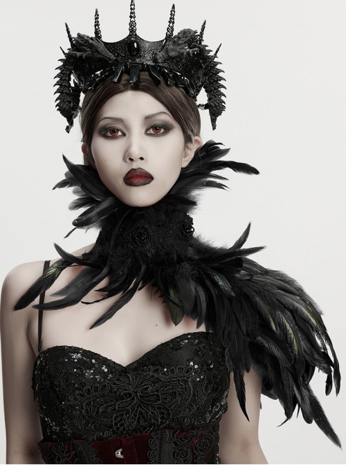 Black High Collar Lace Decoration Asymmetric Feather Ties Fixed Gothic Shawl