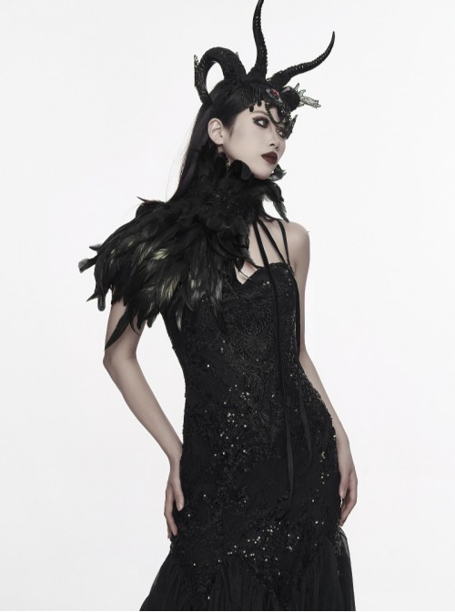 Black High Collar Lace Decoration Asymmetric Feather Ties Fixed Gothic Shawl