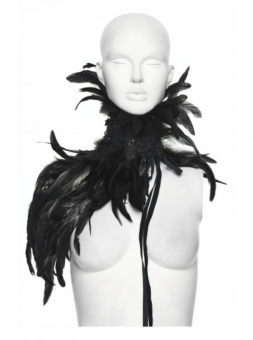 Black High Collar Lace Decoration Asymmetric Feather Ties Fixed Gothic Shawl