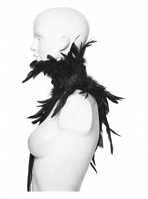 Black High Collar Lace Decoration Asymmetric Feather Ties Fixed Gothic Shawl