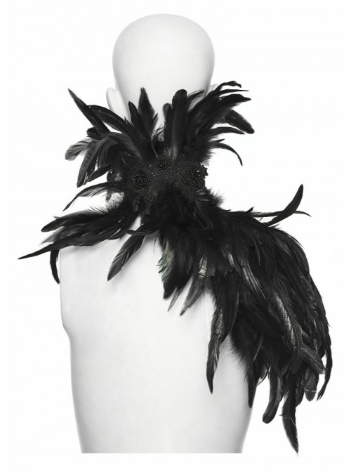 Black High Collar Lace Decoration Asymmetric Feather Ties Fixed Gothic Shawl
