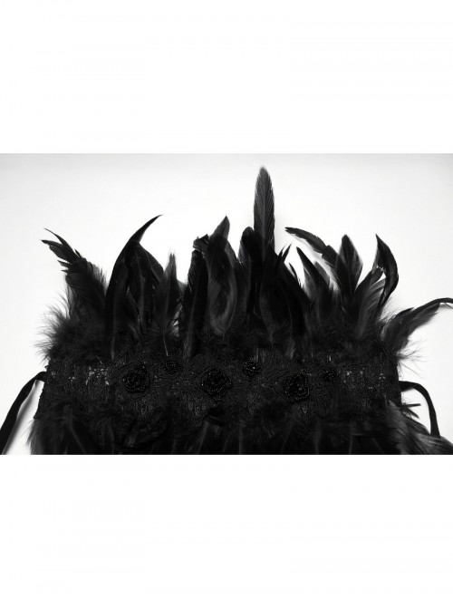 Black High Collar Lace Decoration Asymmetric Feather Ties Fixed Gothic Shawl