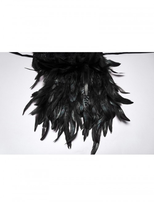 Black High Collar Lace Decoration Asymmetric Feather Ties Fixed Gothic Shawl