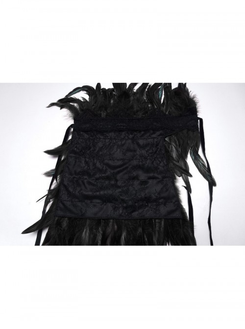 Black High Collar Lace Decoration Asymmetric Feather Ties Fixed Gothic Shawl