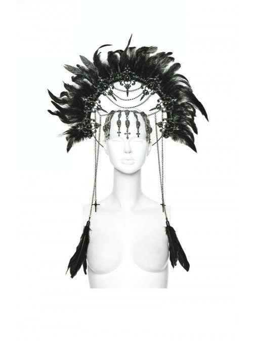Black Goddess Halo Shaped Feather Skull Tassel Holy Hanging Chains Gothic Hair Hoop
